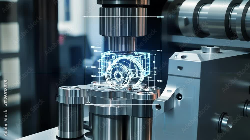 Aufkleber futuristic cnc machine is creating a mechanical part with a hologram blueprint showing engineering d