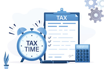 Tax time, concept background. Alarm clock with tax time, calculator, pen and paper document. Money management, need to pay taxes, warning or motivation banner