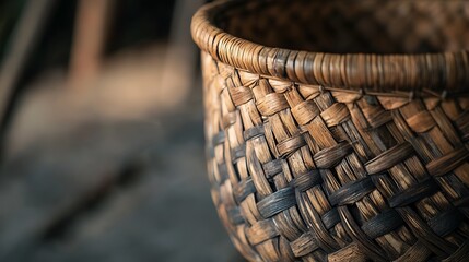 Obraz premium Intricate Woven Bamboo Basket Detail Close Up
