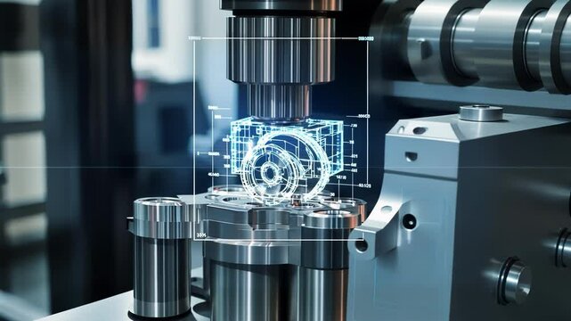 Futuristic cnc machine is creating a mechanical part with a hologram blueprint showing engineering design, symbolizing advanced manufacturing and automation