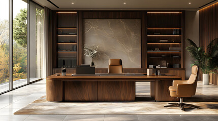 Executive office with luxurious design elements, wooden finishes, and a sleek desk layout, flat design, 8K high quality realistic images,