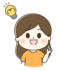 電球と閃いている女性のゆるかわイラスト