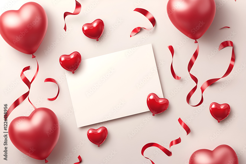 Sticker Romantic Valentine's Day Mockup: A blank greeting card is nestled amidst a delightful arrangement of heart-shaped balloons and festive red ribbons.