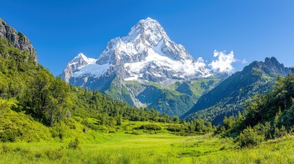 Obraz premium Majestic snow-capped mountain peak in sunny valley. Landscape ideal for travel brochures