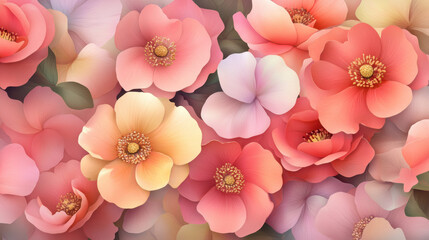 vibrant arrangement of layered spring flowers in soft pastel tones, featuring pink, peach, and yellow hues with delicate green leaves, creating fresh and cheerful floral texture