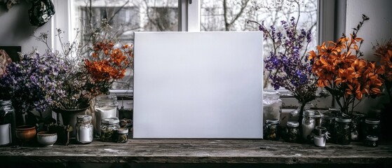 Blank Canvas Mockup  Spring Flowers  Rustic Wood  Art Studio