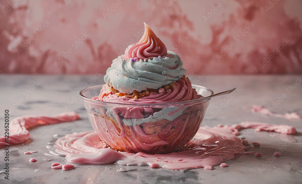 Poster a pink frosted cupcake with a blue frosting swirl on top. the frosting is dripping from the cupcake 