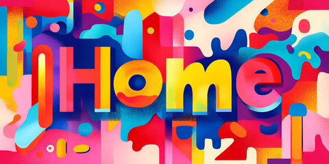 Home Sweet Home: An abstract, colorful, and energetic illustration featuring the word "Home" in bold, 3D lettering, set against a vibrant backdrop of geometric shapes and patterns.