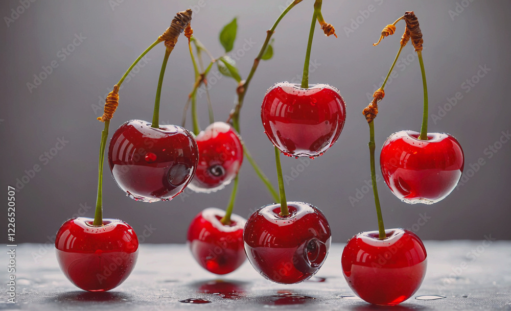 Poster a bunch of cherries are hanging from a branch. the cherries are red and shiny. the cherries are susp