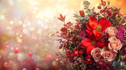 Valentine mockup card elements design. Lush Red and Pink Floral Bouquet Against a Shimmering Bokeh Background Creates a Warm Scene.