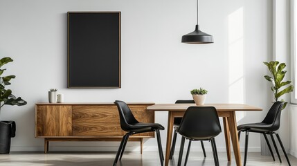 Fototapeta premium Modern Dining Room Interior with Wooden Table and Black Chairs