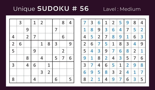 Vector sudoku puzzle with answer. Sudoku, number puzzle game with numbers for kids and adults.