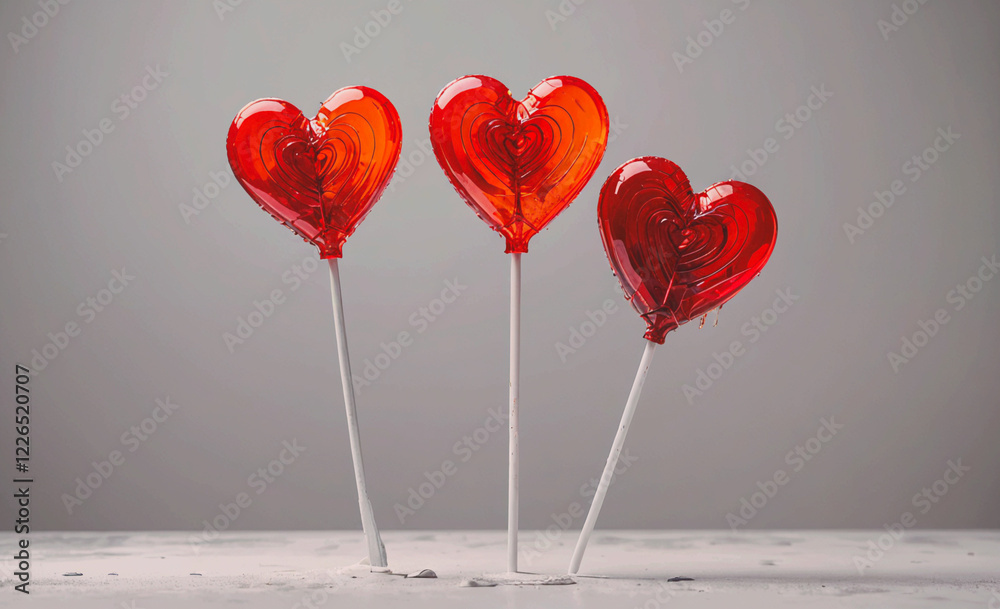Aufkleber three red lollipops with white sticks are arranged in a row. the lollipops are heart-shaped and are 