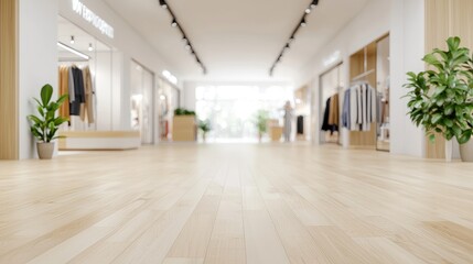 Fototapeta premium Modern shopping mall interior, bright hallway, clothing stores, plants, background blur, retail space