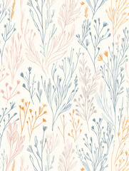 Pastel Floral Pattern: Delicate pastel-colored floral branches in soft blues, pinks, and golds create a gentle, repeating pattern, perfect for adding a touch of elegance to any design project.  