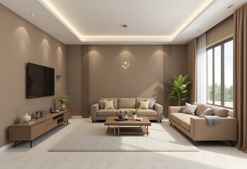Fototapeta premium Modern Beige Living Room Interior Design With Comfortable Sofa