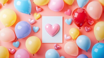 Valentine mockup card elements design. Pastel Balloons and Hearts Celebration on Pink Background with a Heart on a Card.