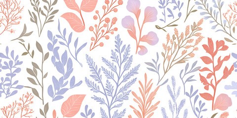 Pastel Botanical Seamless Pattern: A delicate and charming seamless pattern featuring a variety of pastel-colored botanical illustrations, including leaves, branches, and floral elements.