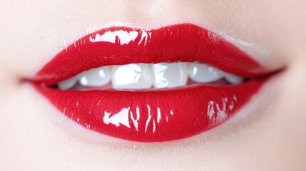 Fototapeta premium Close-up of red lips, smile, beauty, cosmetics, skincare
