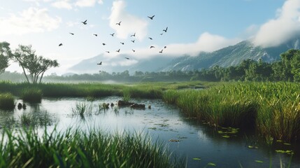 Obraz premium A tranquil landscape with birds flying over a marsh with mountains in the distance