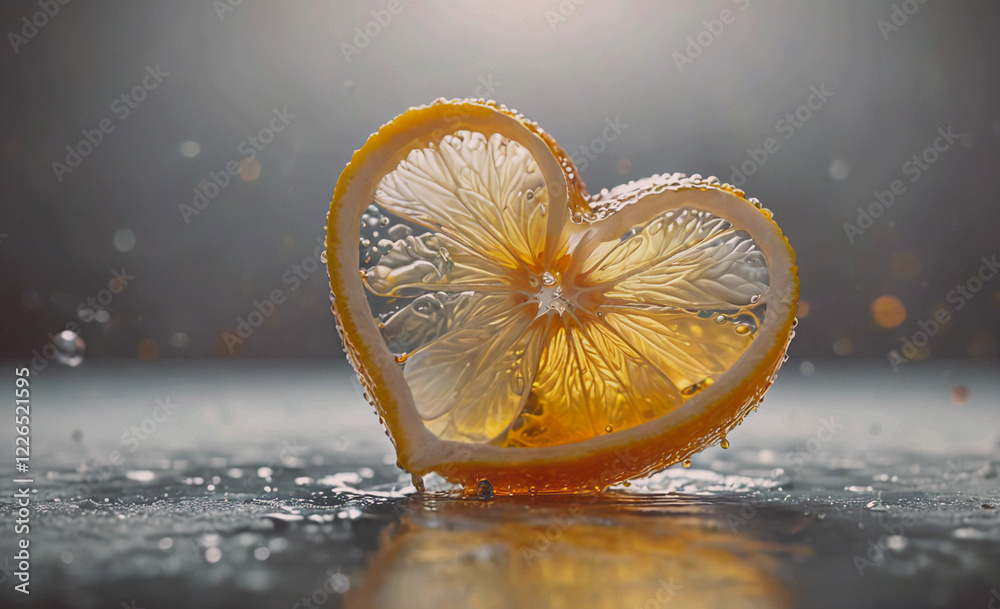 Aufkleber a heart shaped orange slice is floating in a puddle of water. concept of whimsy and playfulness, as 