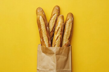 Four baguettes in a brown paper bag on a bright yellow background food still life flat lay