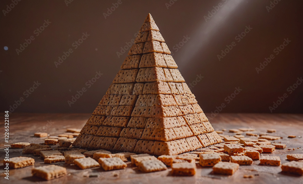 Poster a pyramid made of crackers is on a table. the pyramid is made of many small crackers, and it is very