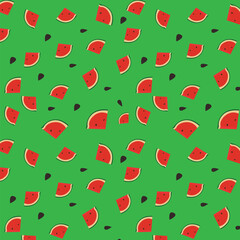 Seamless pattern with watermelon slices on a green background.