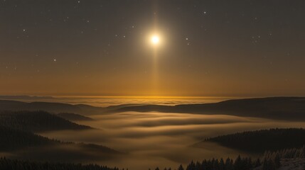 A serene night landscape with a bright moon illuminating fog over rolling hills.