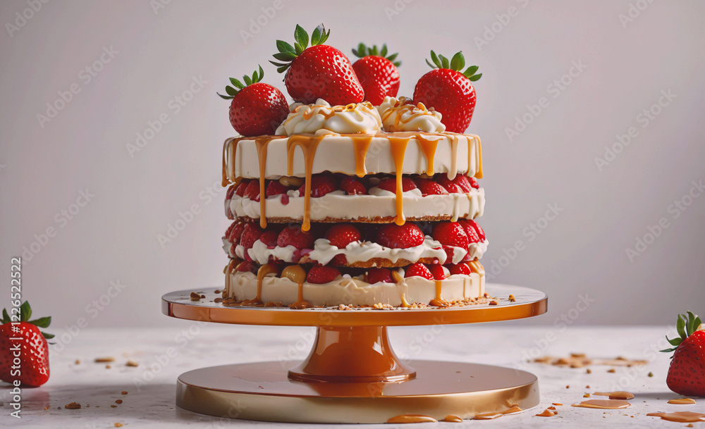 Poster a cake with strawberries and cream on top of a gold cake stand. the cake is tall and has a lot of la