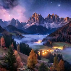 sunrise over the mountains, Fluffy fog stream is covering a valley with colorful twilight sky in a morning, Smoke cascading over a mountain range at sunrise background.
