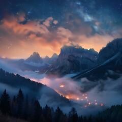 sunrise over the mountains, Fluffy fog stream is covering a valley with colorful twilight sky in a morning, Smoke cascading over a mountain range at sunrise background.

