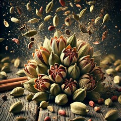 Fragrant cardamom pods burst forth releasing an aromatic spicy b