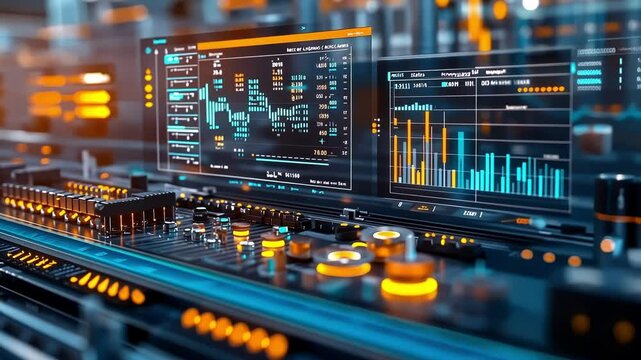 Computer screen showcasing real time production data, kpis, and statistical charts, delivering insights for optimizing manufacturing processes in a modern industrial facility