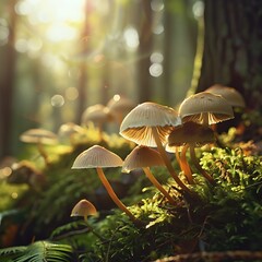 Enchanted toadstools emerging casting magical charm over scenery wallpaper, Mushroom on a tranquil background, magnificent mushroom details. Background calm, mushroom strong.