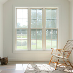 interior design photography, contemporary living room photo for architectural digest, French window, chair on the right side of the window next to the all, bright and airy image, neutral colors