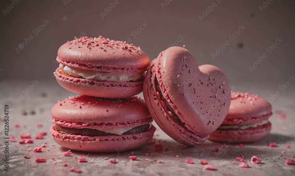 Poster A stack of pink macarons with a heart shape on top. The macarons are decorated with powdered sugar and are arranged in a pyramid shape. Concept of elegance and sophistication