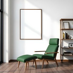 A modern interior scene featuring a sleek, dark green lounge chair with a wooden frame. The chair is positioned near a large window that allows natural light to enter the room.