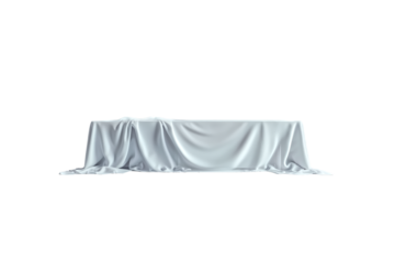 A long rectangular table covered with a white fabric on an isola