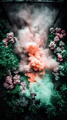 Obraz premium Colorful Smoke Bomb Explosion in Lush Garden