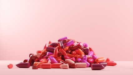 Close up Collection of lipsticks bullet on a pink color backdrop studio. 3D Realistic render.