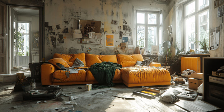 A sunlit abandoned apartment, showcasing a messy interior with an orange sofa and signs of decay and neglect.