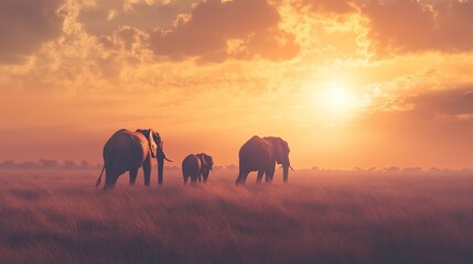 Fototapeta premium Elephants silhouetted against a golden sunset sky walking across a grass plain in Africa