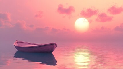 Fototapeta premium Pink boat sunset sea calm peaceful serenity postcard