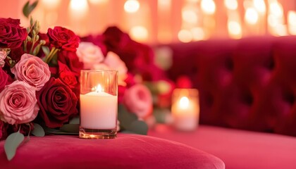 Romantic Candlelight Setting with Roses and Velvet Sofa