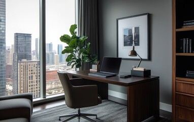 Fototapeta premium Contemporary leadership office with a dark wood desk, a high-end laptop, and an elegant desk organizer. 