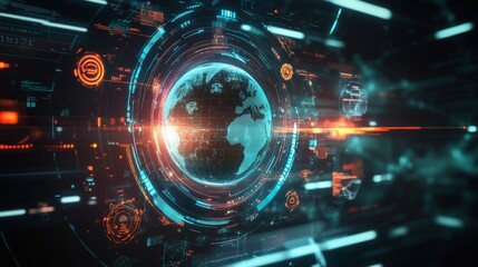 Obraz premium 38.A corporate leader presenting a futuristic digital display featuring a rotating earth surrounded by bright icons representing various standards, including gears, documents, and interconnected