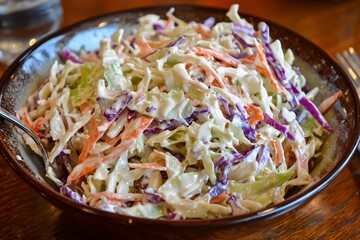 Freshly prepared coleslaw in a rustic bowl on a wooden table with a blurred background setting