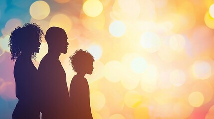 Silhouetted family of three against a vibrant bokeh background.