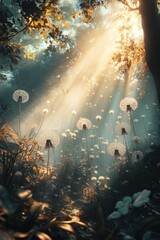 Sunbeams illuminate dandelion seeds in misty autumn forest